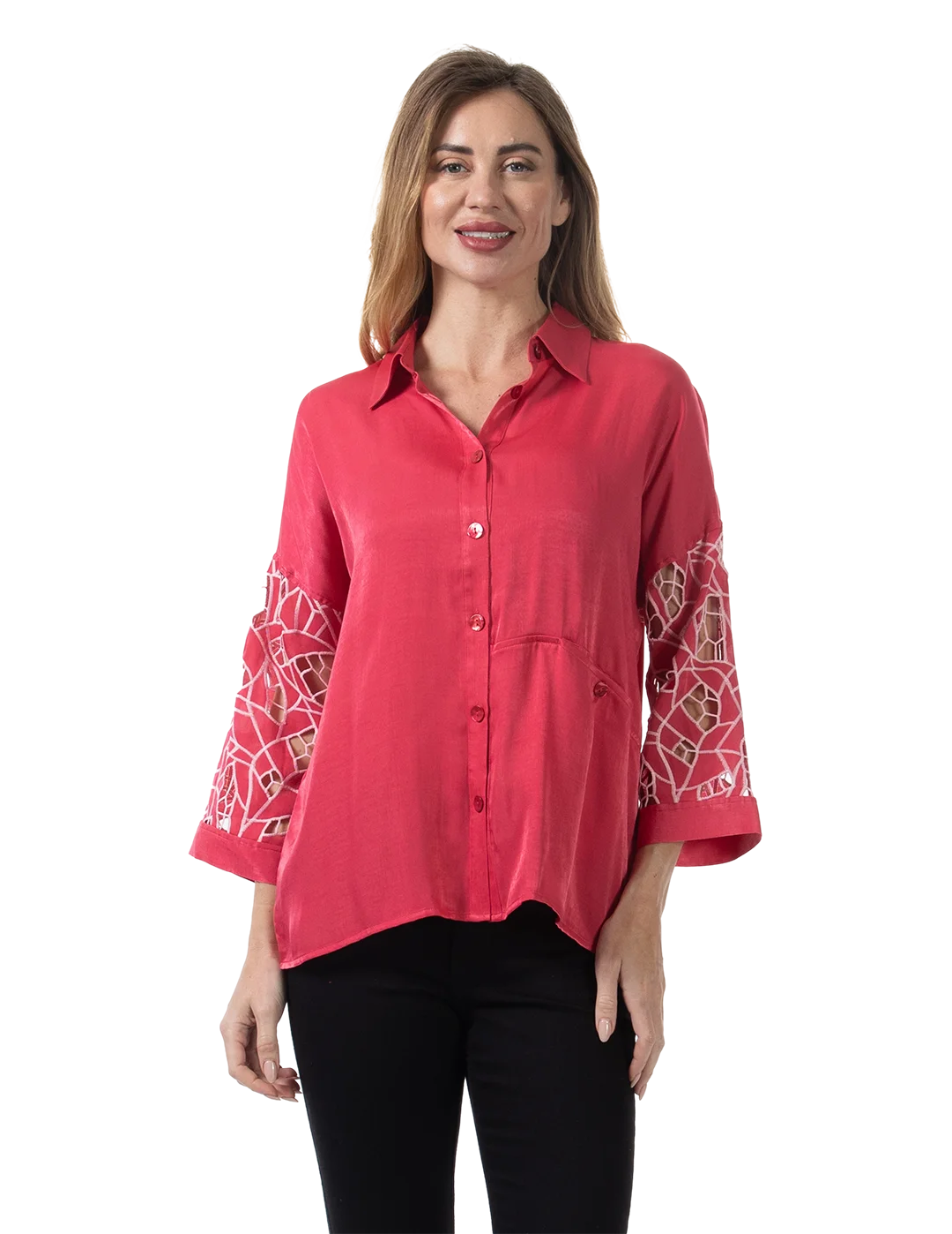 Kyla Eyelet Blouse Rose Red - Front View